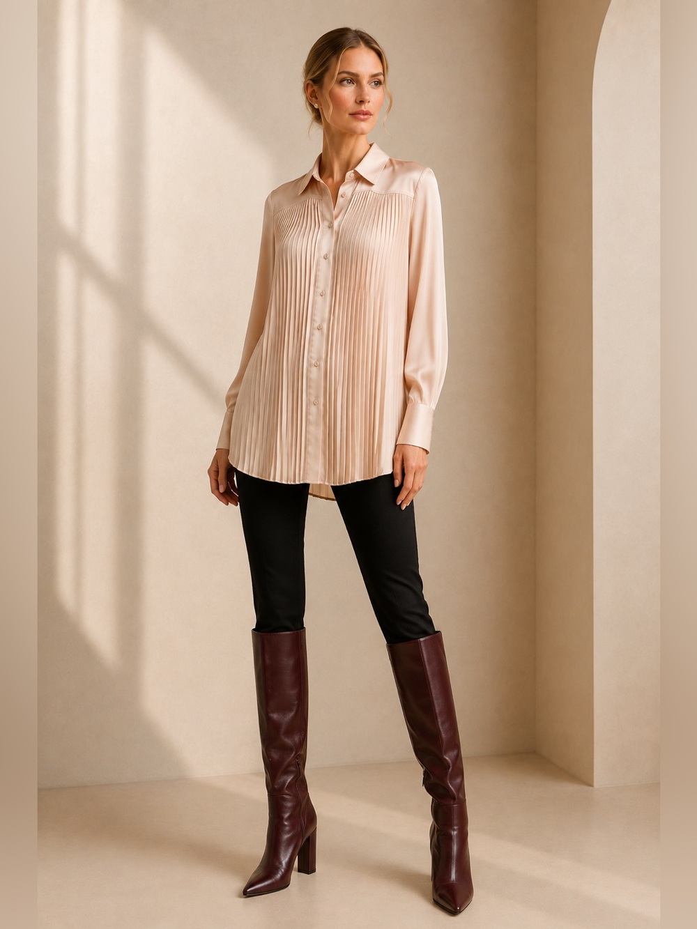 Halston Pleated silk Button-Down Blouse - Nude